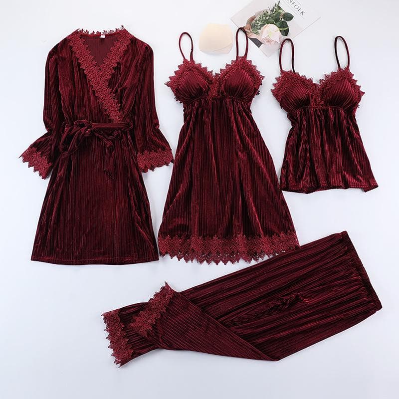 Autumn Winter Velvet 4PCS Pajamas Intimate Lingerie Female Sexy Robe Set Bride Bathrobe Kimono Nightgown Home Clothes Sleepwear 2XL