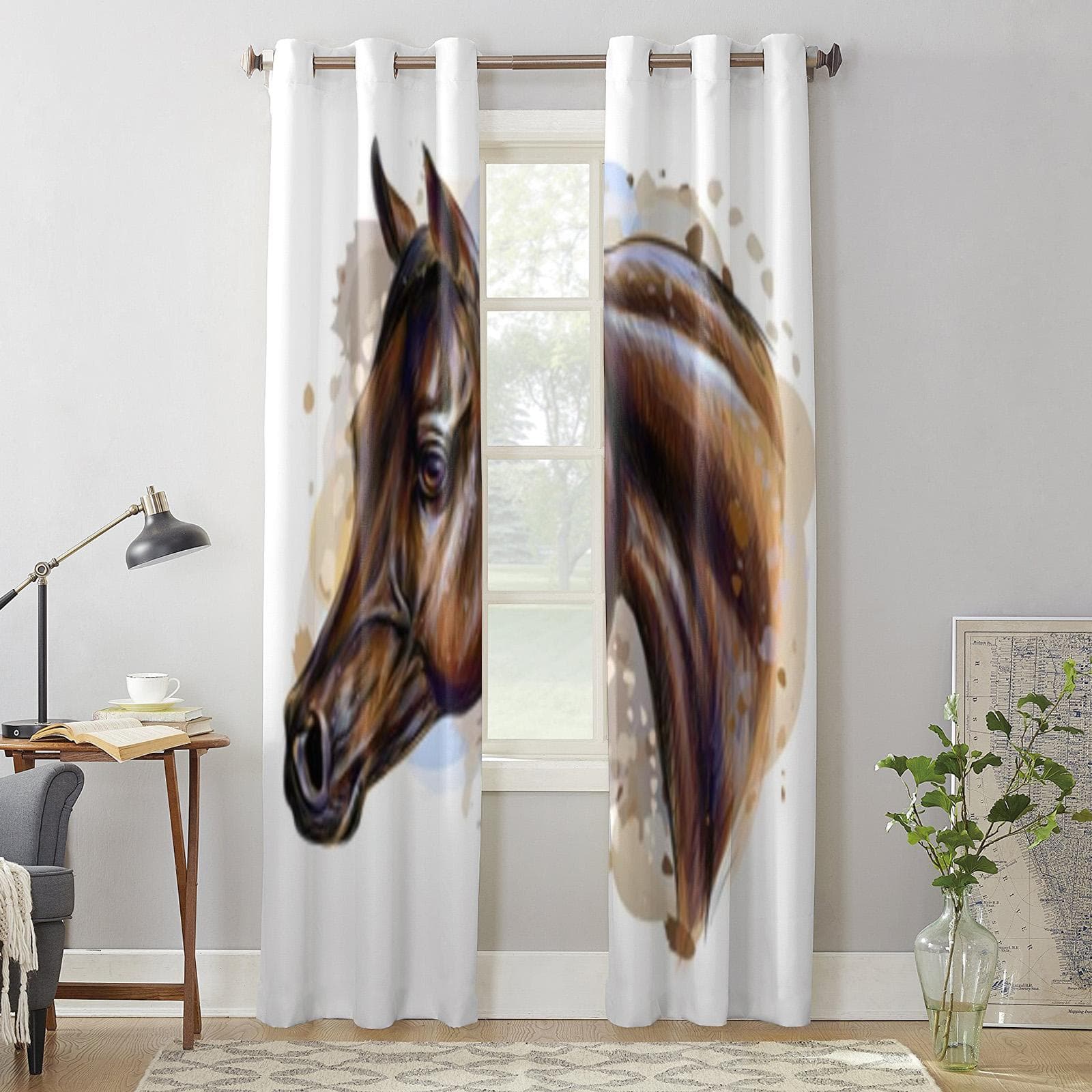 Hand-drawn Sketch With Horse Window Curtain For Kids Room Home Blinds Curtains For Living Room Bedroom Window Drapes 135W x 60H(cm) x1