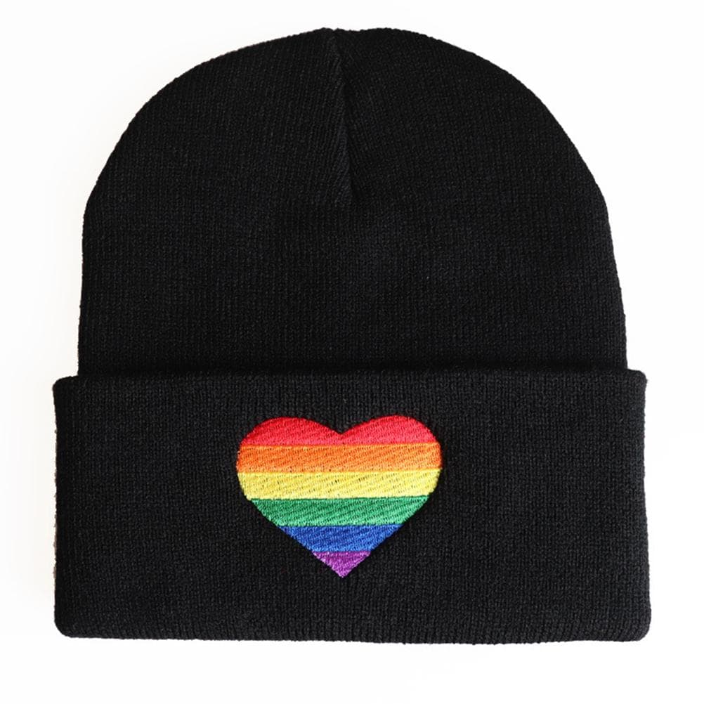 Unisex Rainbow Heart Embroidered Knit Beanie Love Knitted Hat Hip Hop Bonnet black