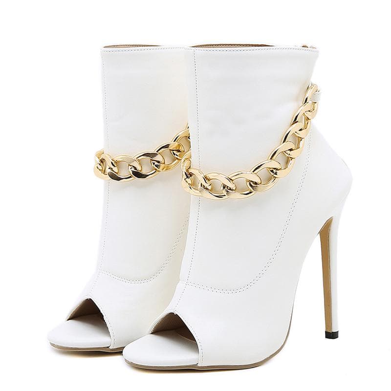 Liyke High Quality White Leather Basic Boots Women Ankle Sandals Fashion Metal Chain Design Thin Heels Pumps Peep Toe Zip Shoes 35&CHINA white