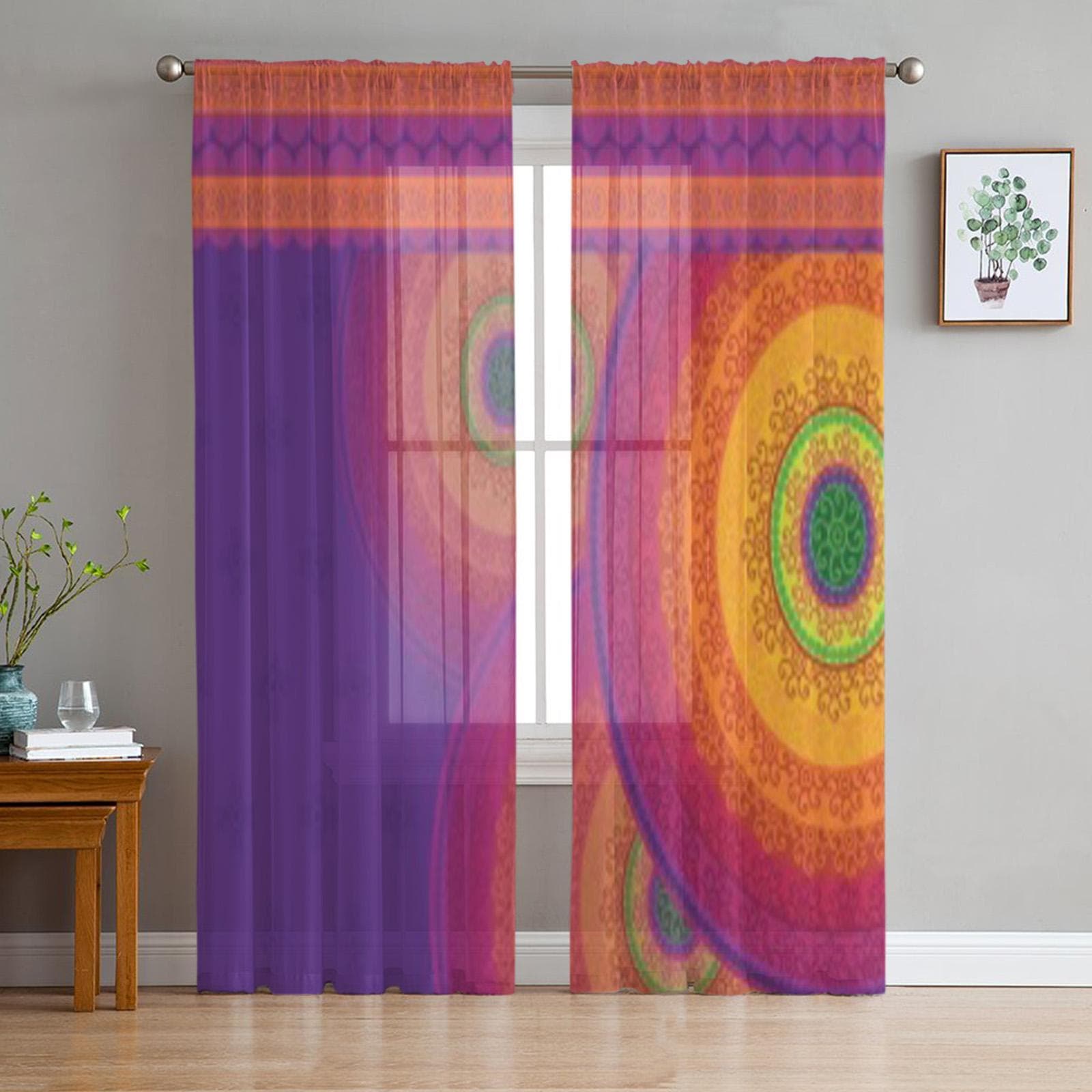 Colorful Henna Mandala Tulle Curtains For Living Room Sheer Curtain Bedroom Veil Organza Decorative Window Treatments 135W x 114H(cm)
