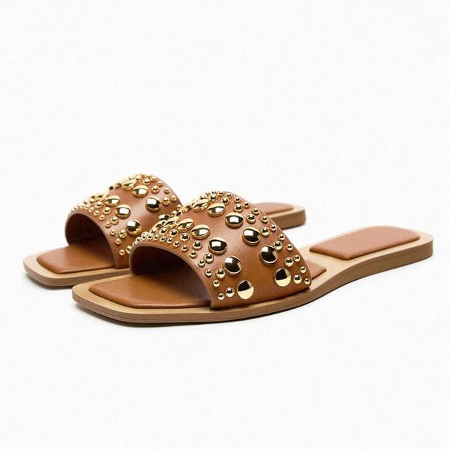 Casual Slippers Summer Women Shoes Slides Fashion Rivet Flip Flops Comfort Beach Shoes Lady Flat Sandals 35 coffee