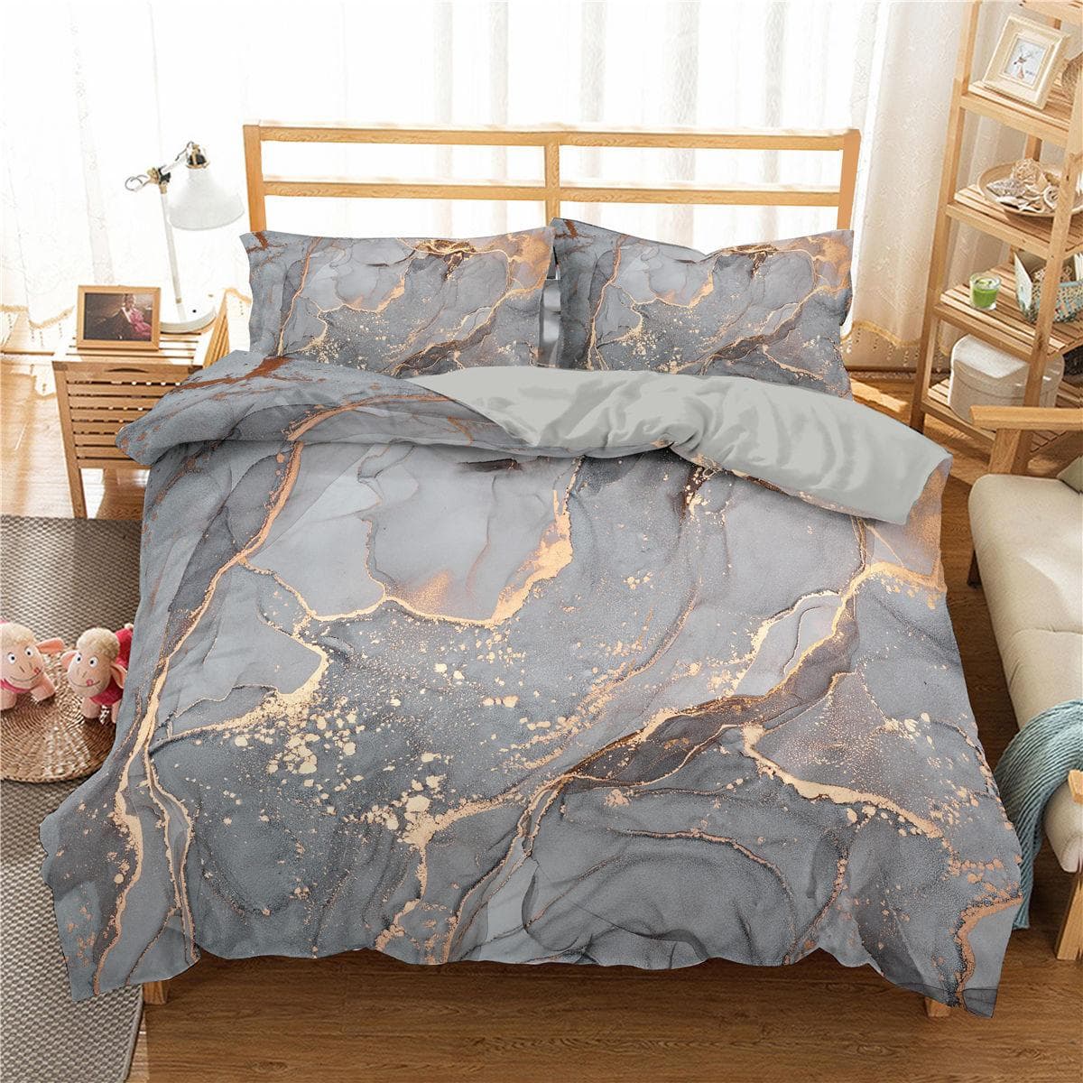 Marble Bedding Set King/Queen Size,Grey Gold Marble Duvet Cover Men Adults Modern Abstract Art Tie Dye Gothic Soft Quilt Cover AU Queen(210x210cm)