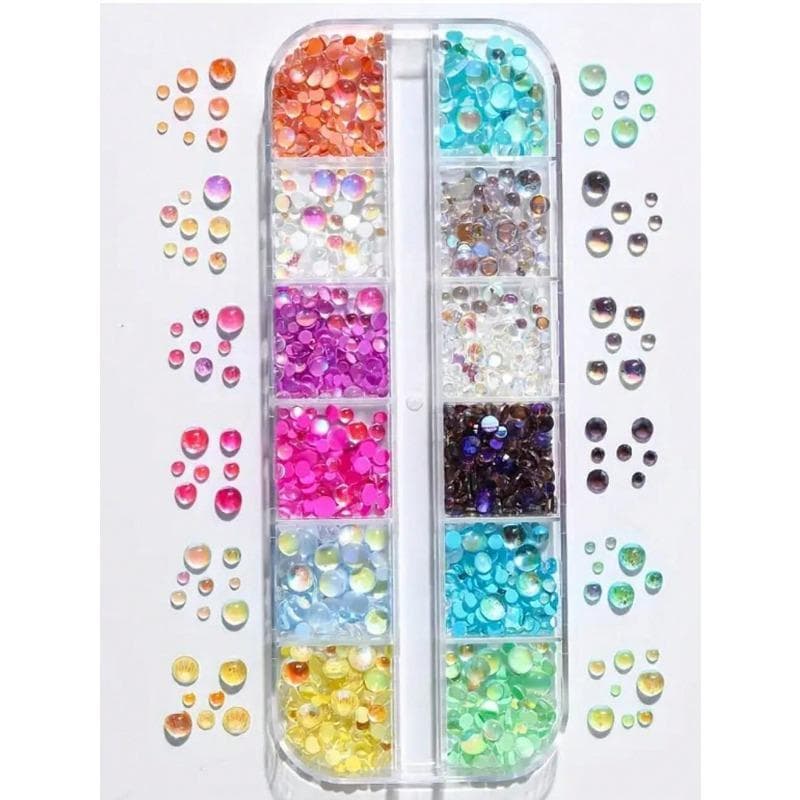Multi-Colored Mermaid Bubble Beads For Nail Art,12 Grids Flat Bottom Pearlescent Rhinestones, Semi-Circular Manicure Beads, Nail Charms