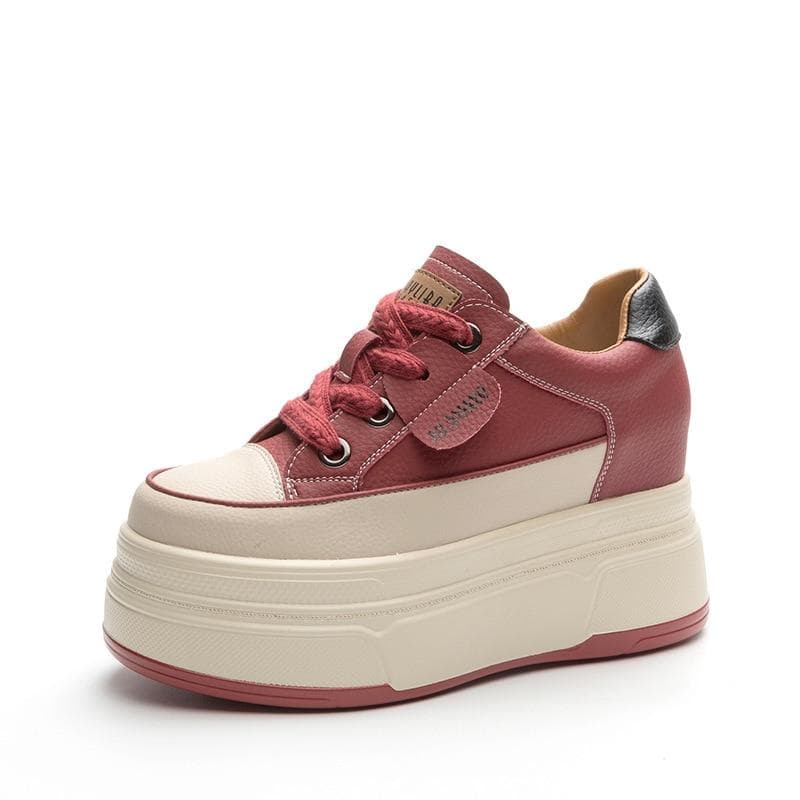 Fujin 9cm Cow Suede Genuine Leather Women Vulcanized Shoes Platform Wedge Skate Boarding High Brand Heels Casual Stable Shoes 40 red