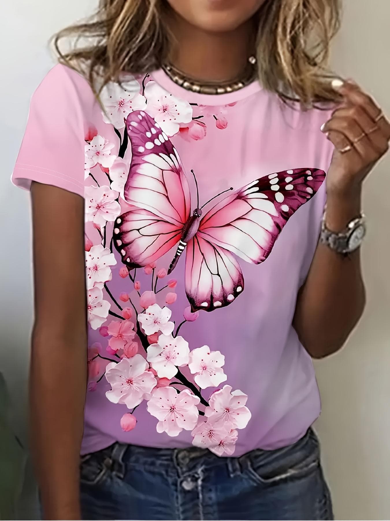 Butterfly Flower 3D Printed Women's Short Sleeve T-shirt Y2k Ladies Clothes Fashionable Pink T-shirt Oversized Woman Clothing 6XL