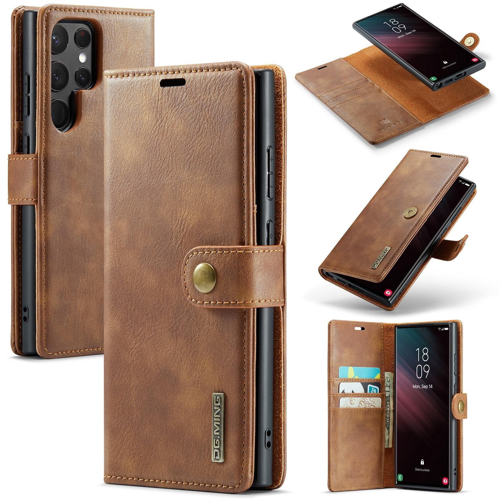 DG.MING 2 In1 Magnetic Detachable Cowhide Leather Wallet Phone Case for Samsung S23 S22 S21Ultra Plus S21 S20FE A14 A13 A53 /iPhone 15 14 13 12Pro Max Samsung S23 brown