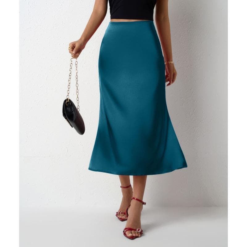 Women's Satin Skirt with Tail Fish Tail for Spring and Summer S peacock blue