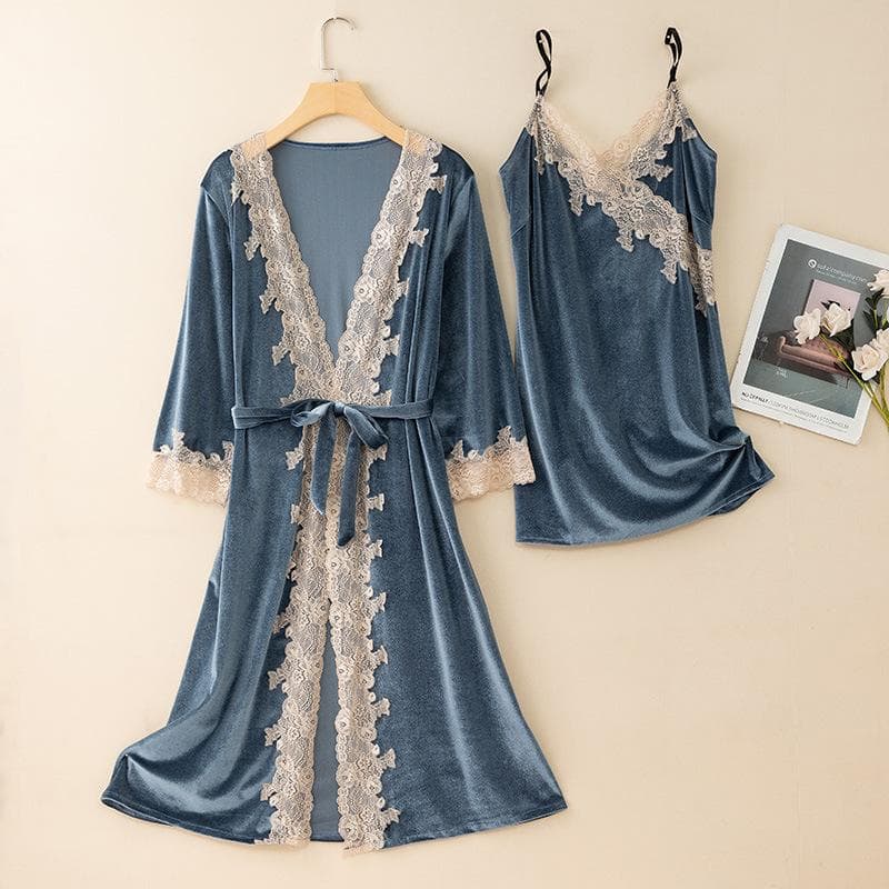 New Autumn Velvet Pajamas Two-piece Robe Set Feminine Lace See-through Robe Bathrobe Casual Velvet Home Clothes L