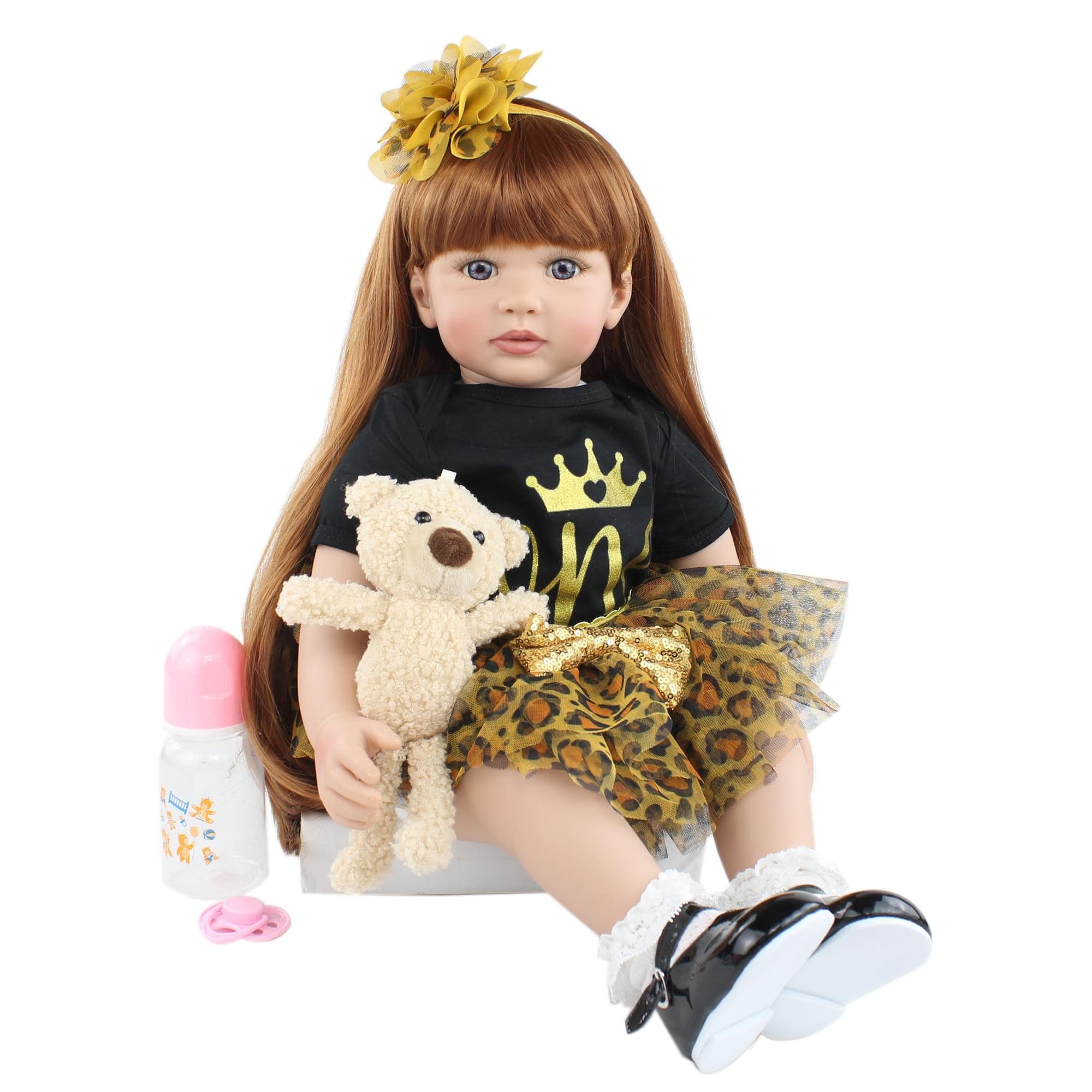BZDOLL 60cm Silicone Reborn Baby Doll Toy For Girl 24 Inch Vinyl Princess Toddler with Cloth Body Alive Bebe Dress Up Kid Birthday Gift Brown eyes, 60cm doll brown