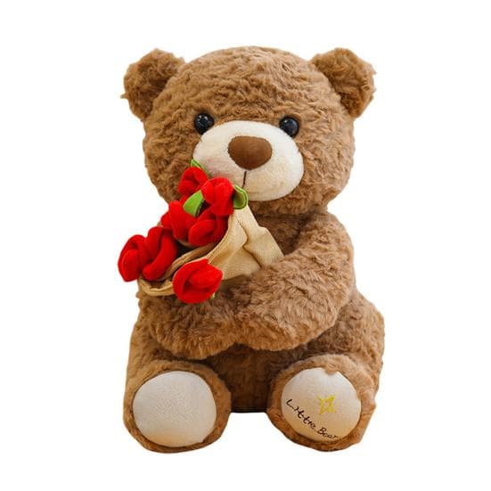 Rose Bear Plush Toy Cute Teddy Bear Holding Flower Bouquet Soft Stuffed Animal Gift for Valentine's Day 30cm brown