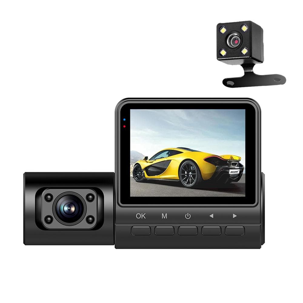 1080P DVR Dash Camera 3-Lens Front & Inside & Rear Camera Driving Recorder 2 Inch Screen Dashcam black
