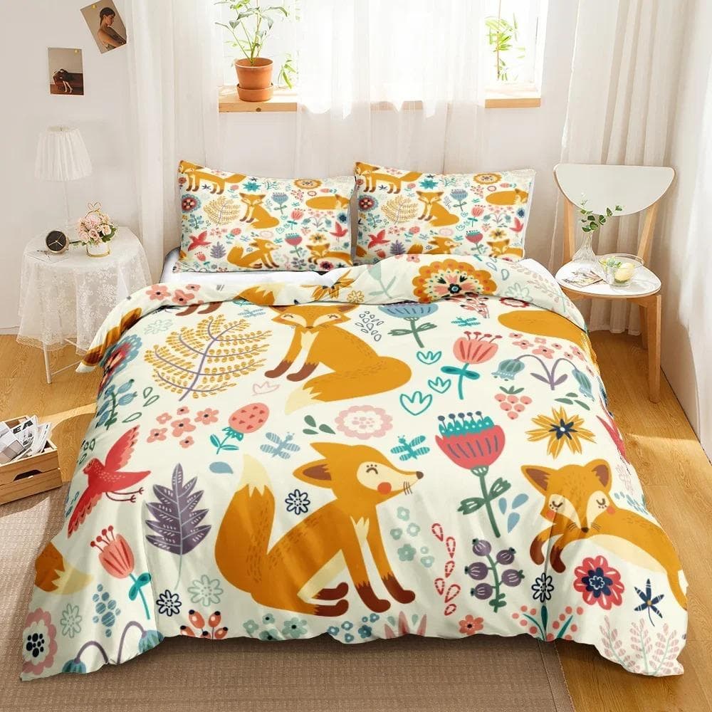 Cartoon Fox Bedding Set Cute Fox with Flower Feather Headband Duvet Cover Twin Full Queen King Polyester Duvet Cover Girls Boys EU King 240x220cm