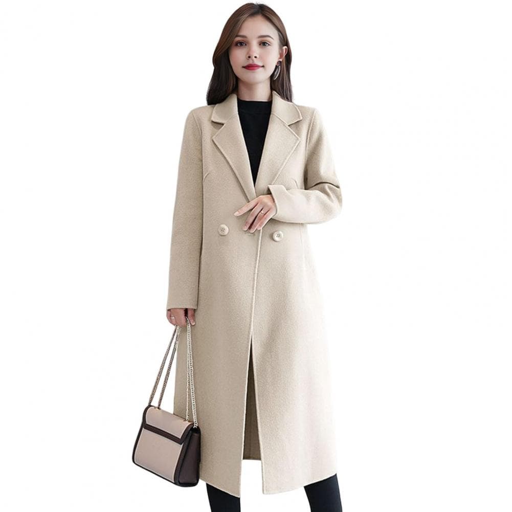Women Jacket Turn-down Collar Pockets Solid Color Double-breasted Loose Fit Overcoat Thermal Long Sleeved Commuting Dating M beige