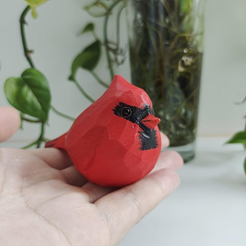Handmade Wooden Red Sparrow Statue - Beautifully Painted Artwork for Home Decor and Holiday Gifts, Ideal Choice for Bird Lovers Male Cardinal