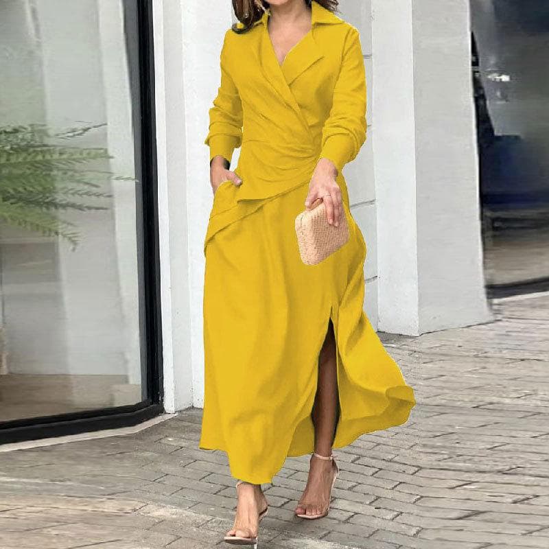New Women's Temperament Fashionable Lapel Long Sleeve Slit Waist-hugging Dress 2XL yellow