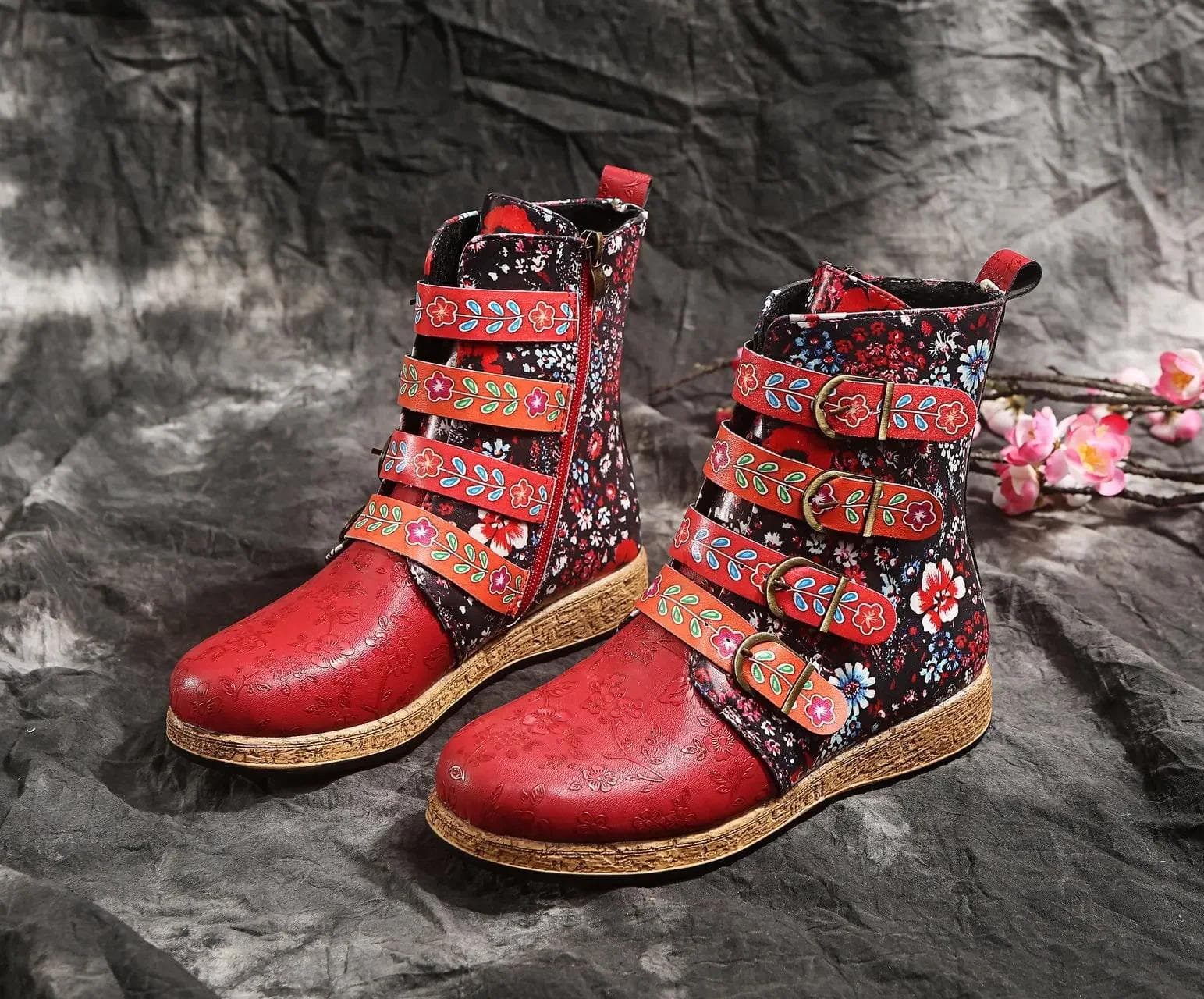 Fashion Women Ankle Boots Autumn New Retro Ethnic Style Printed Metal Buckle Soft Leather Zipper Short Boots Shoes Botines Mujer 38 red