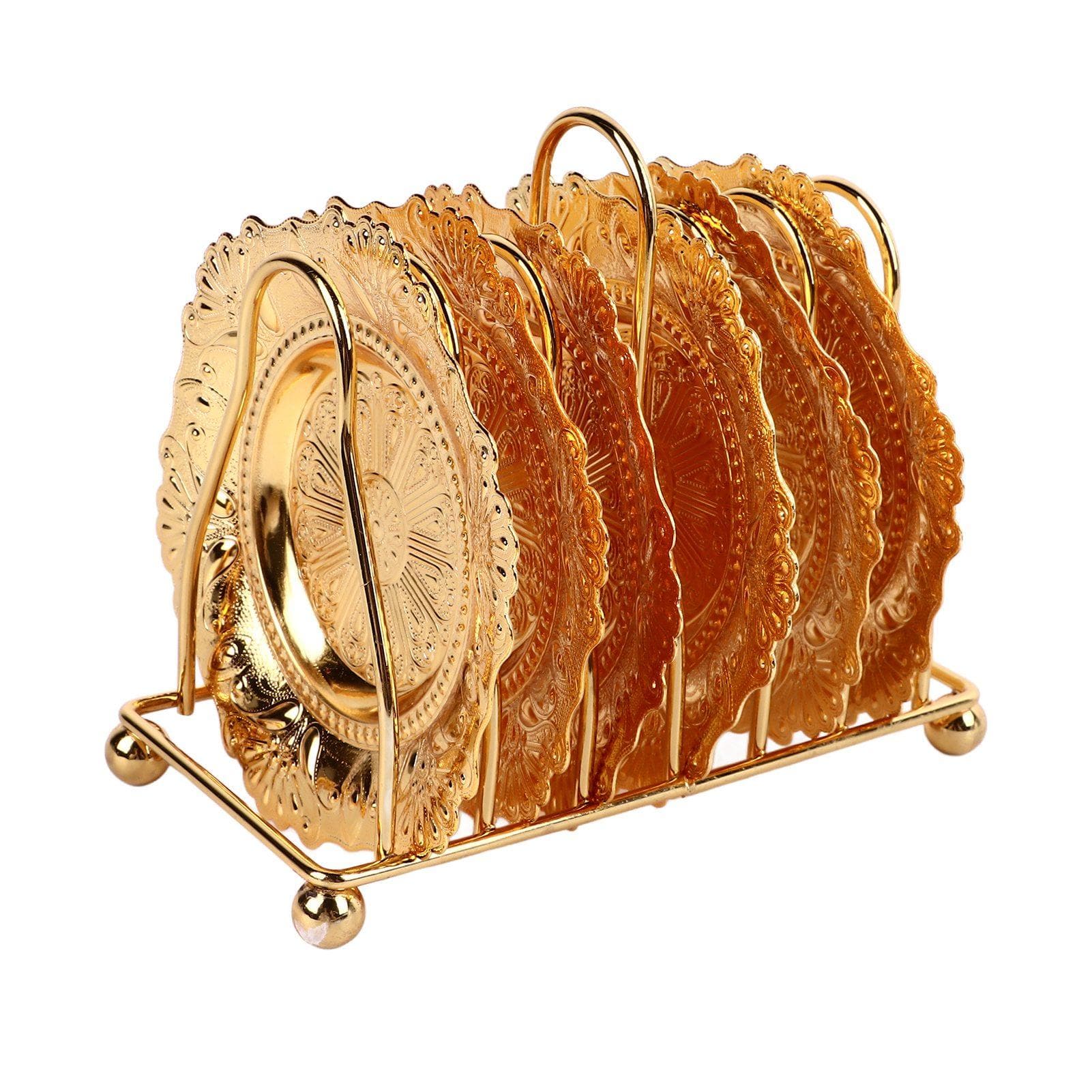 7 Piece Set Glittering Metal Coasters with Holder European Style Peacock Pattern Metal Table