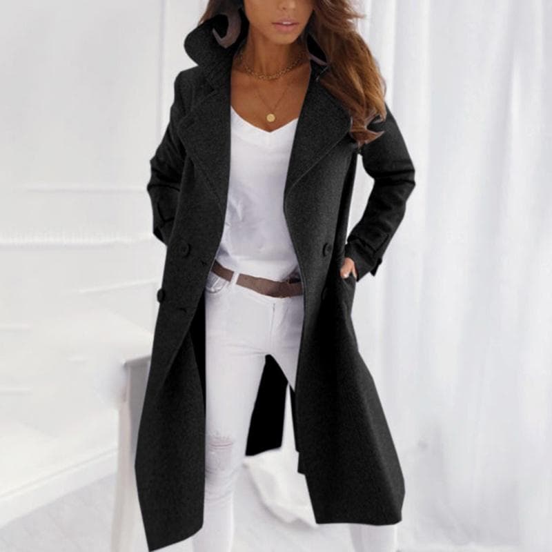 Woolen Trench Coat Full Sleeve Wool Long Overcoat Women Warm Winter Thick Outwear Coat Cashmere Cardigan Jacket L black