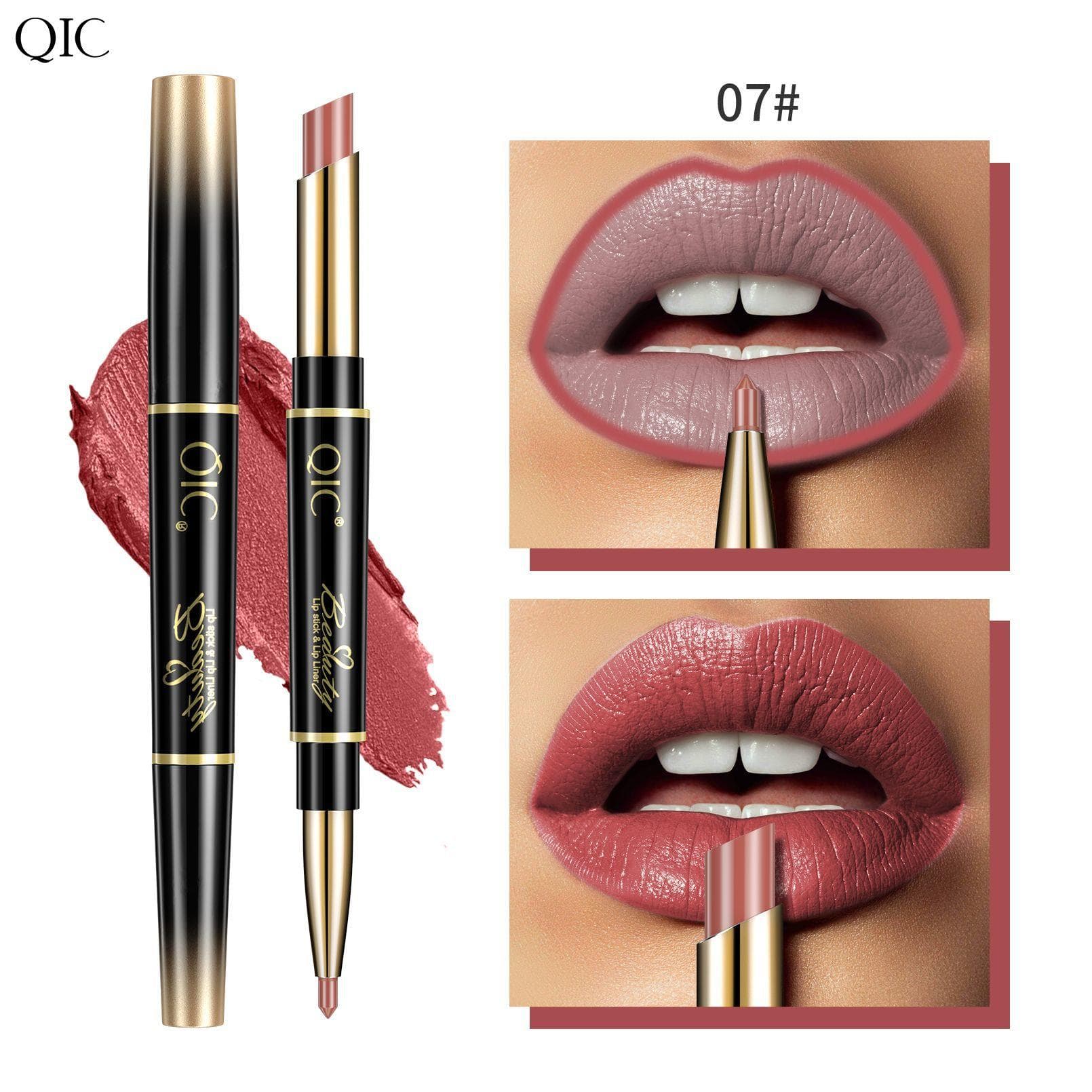 QIC Double-ended Lipstick Pen, Waterproof, Long-lasting, Color-producing Two-in-one Slim Tube Lipstick Lip Liner 07