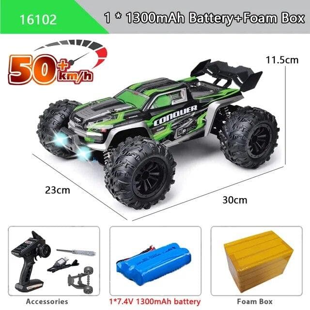 New 50KM/H 4x4 Remote Control Car with LED Lights Off-road 4x4 High Speed Drift Monster Truck Brushless Racing Car for Children and Adults Toys Gift 1 battery green