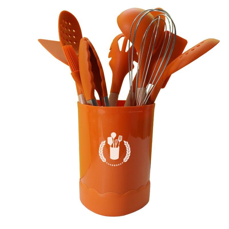 Wooden Handle Silicone Cookware 11-piece Spatula Spoon Non-stick Pan High Temperature Resistant Home Kitchen Tools Set Triangle Bucket orange