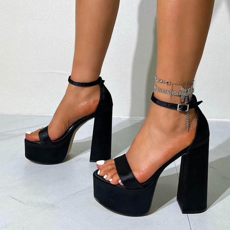 Liyke Summer 13.5CM Square High Heels Platform Sandals Women Black Silk Ankle Strap Sexy Thick Bottom Open Toe Party Dress Shoes 35 black