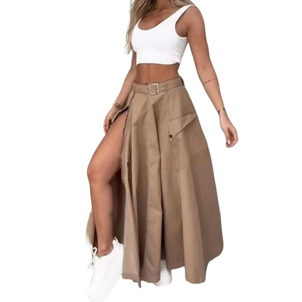 Women Round Neck Vest Elegant Women's Top Skirt Set with High Waist Split Maxi Skirt Sleeveless Crop Top Belt Solid Color S brown