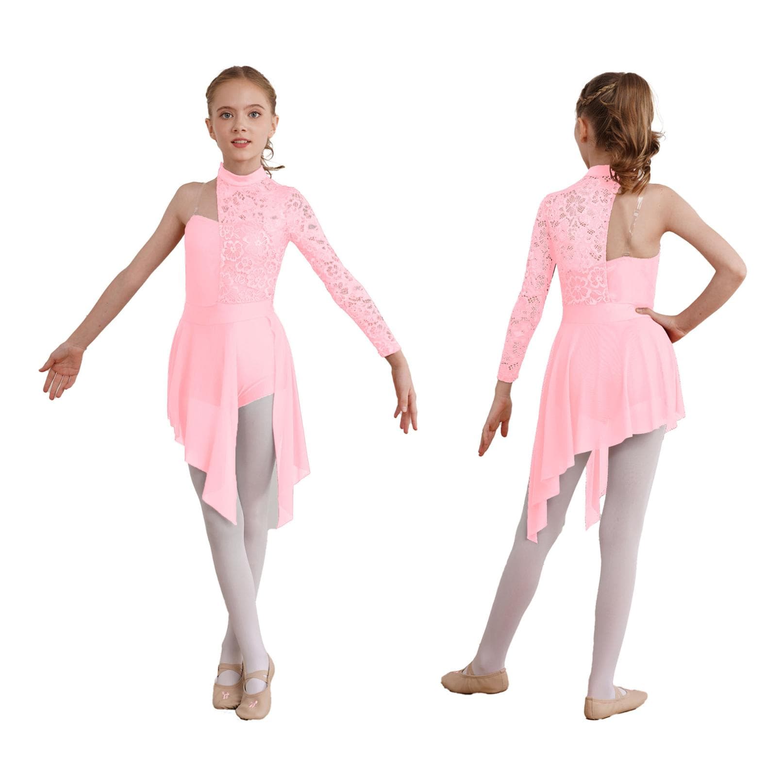 Gymnastics Leotards for Girls Asymmetrical Long Sleeve Ballet Lyrical Dance Dress Figure Skating Stage Costume 15-16 Years pink