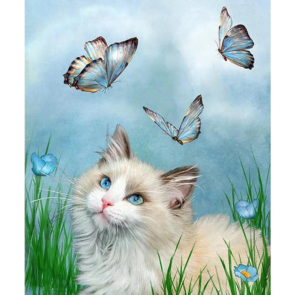 Diamond Painting 5D Diamond Embroidery Needlework Mosaic Cross Stitch Home Decor Cat and Butterfly 20X30CM