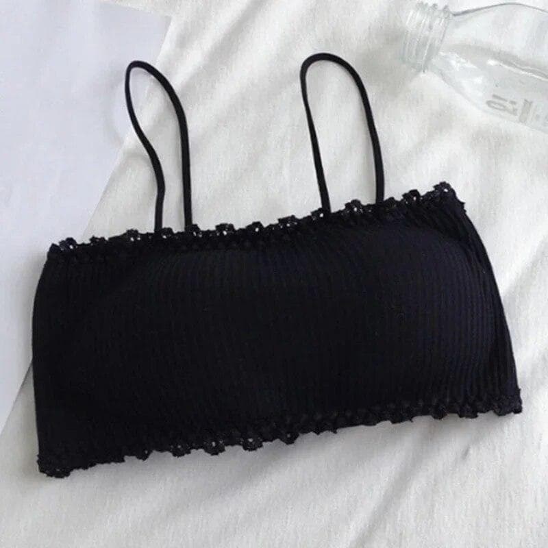 Women's Cotton Bra Tube Top Sexy Thread Female Suspender Underwear Beautiful Lace Tank Tops Seamless Comfort Sports Bandeau Top One Size black