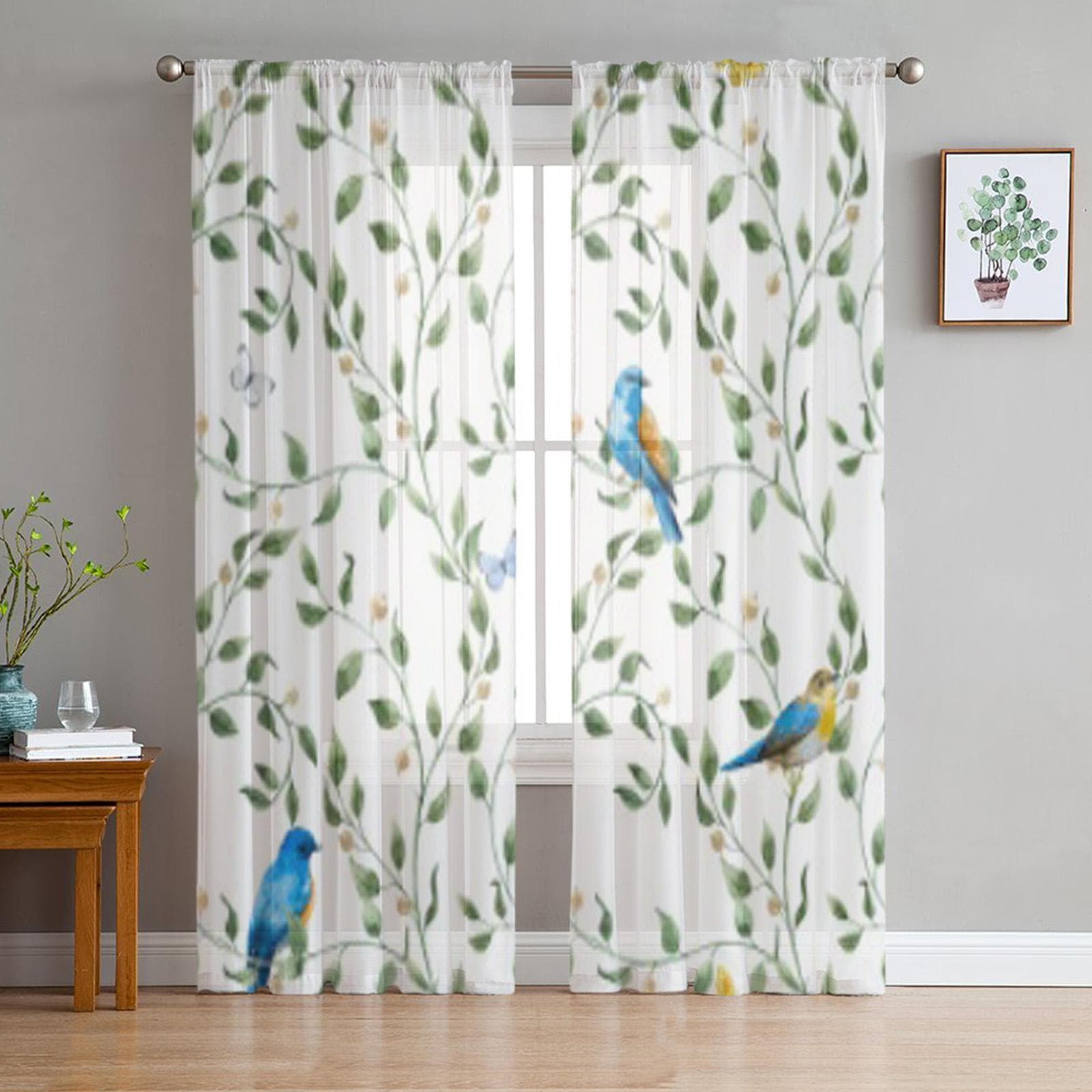 Watercolor Flowers And Birds Tulle Sheer Curtains for Living Room the Room Bedroom Kitchen Decoration Voile Organza Curtains 135W x 114H(cm)