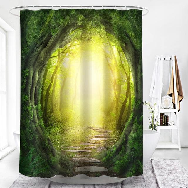 Rural Landscape Creek Stone Lotus Buddha Shower Curtain Bathroom Curtain Fabric Waterproof Polyester Bathroom Curtain with Hooks 180*200CM