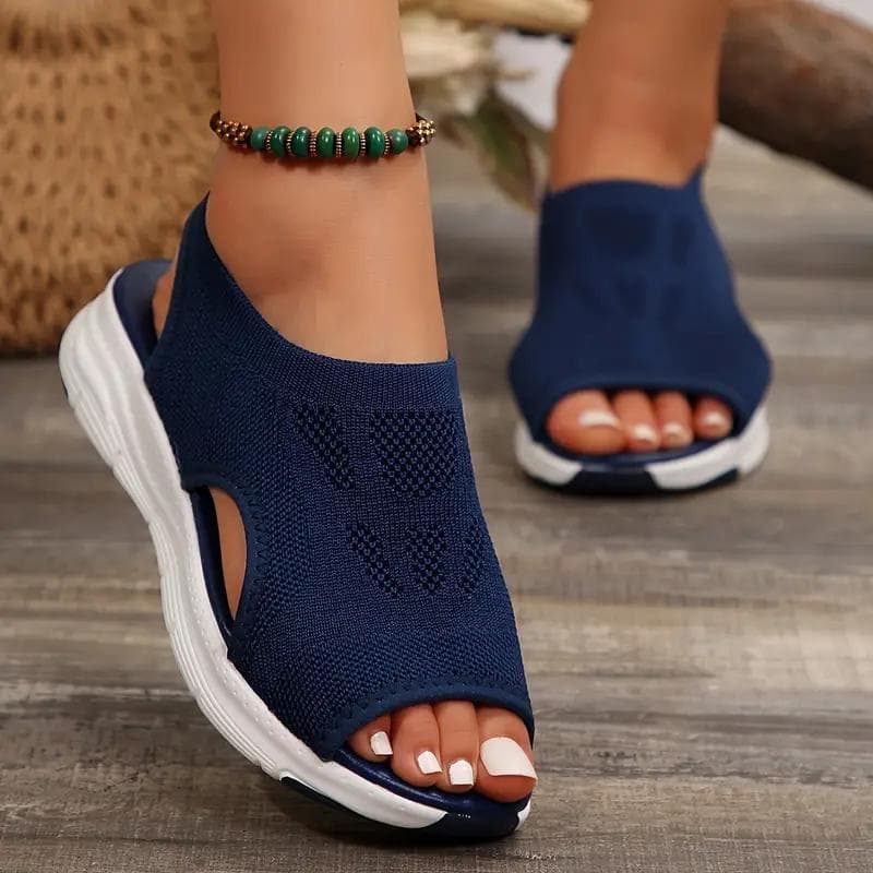 Women's Knit Upper Sandals, Breathable Peep Toe Elastic Slip on Shoes, Comfy Outdoor Sporty Sandals 43 navy blue