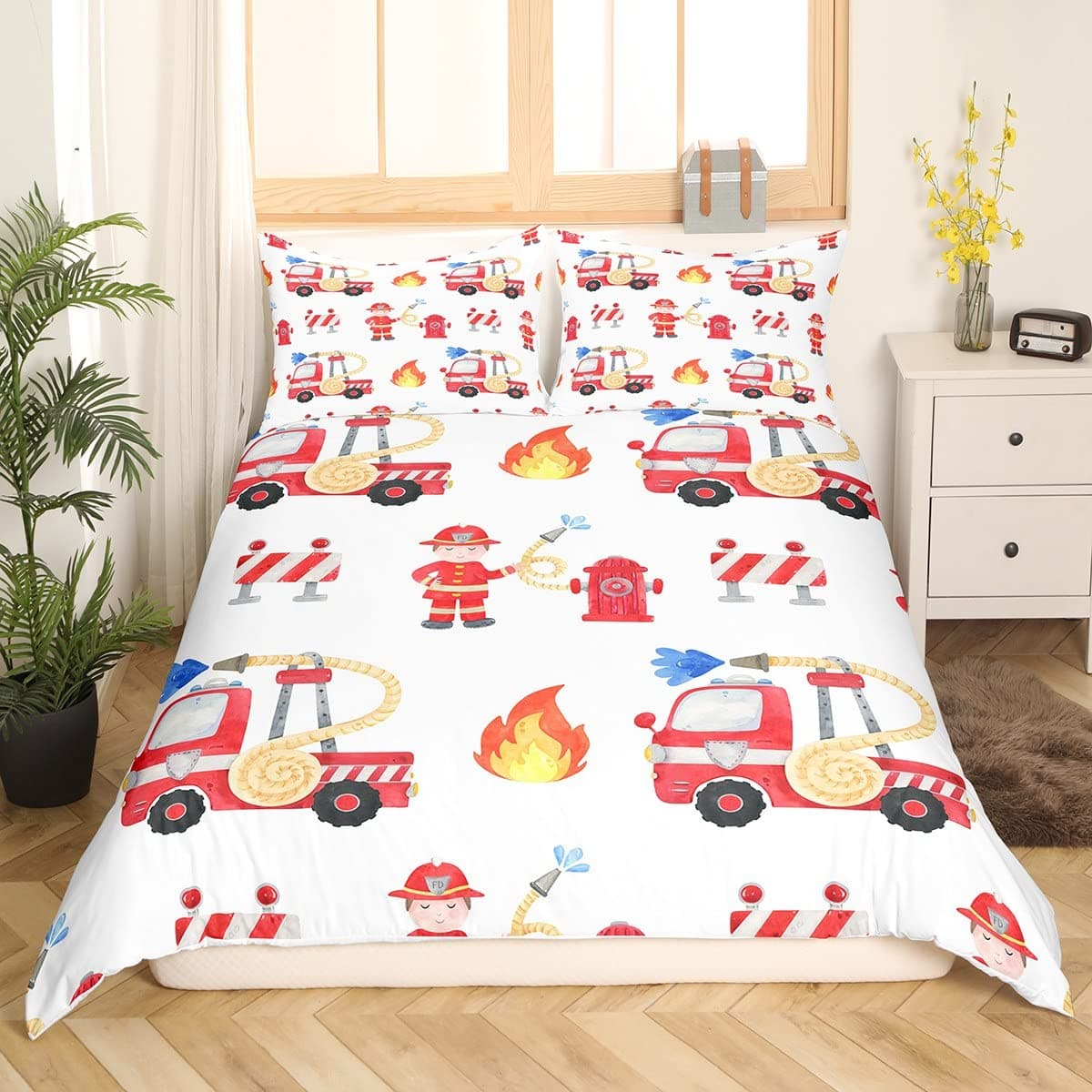 Fire Truck King Queen Duvet Cover Cartoon Police Car Bedding Set for Kids Boys Firefighter Quilt Cover Polyester Comforter Cover 240x220cm 3pcs