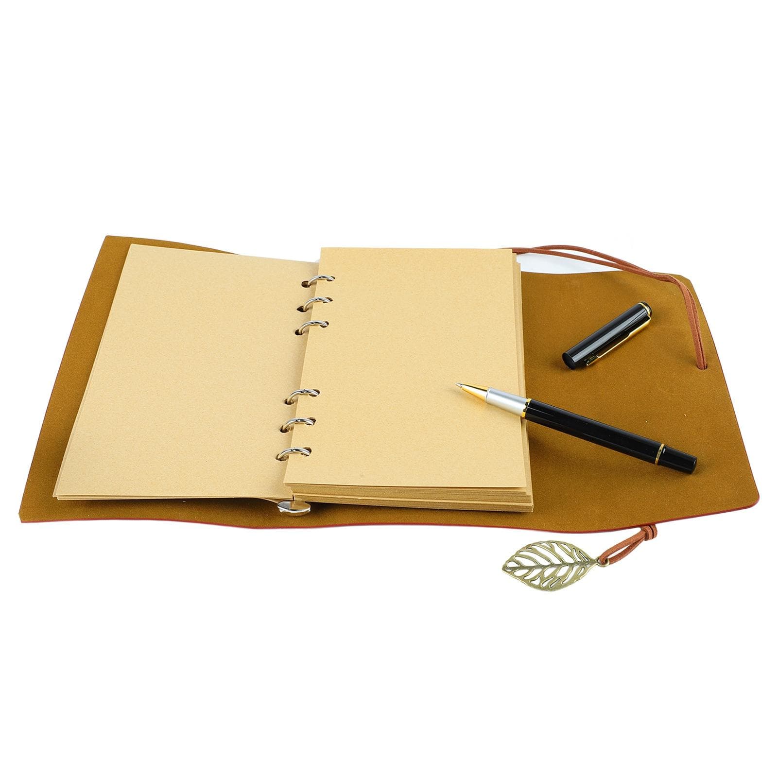 Journal Notebook PU Leather Cover Leaves Pattern Ink Proof Thick Ruled Paper Notebook with Pen Box brown