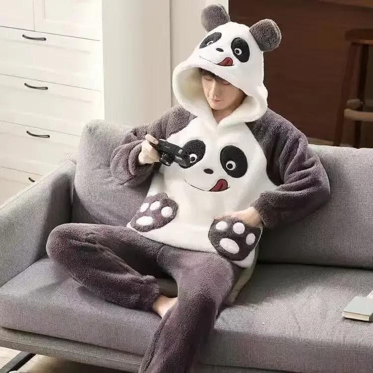 Autumn Winter Homewear Coral Fleece Men Pajamas Thick Fur Flannel Cartoon Male Loungewear Sets Plus-size Loungewear Suit Pyjamas L