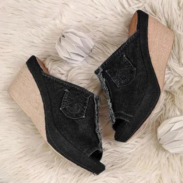 Women's Denim Sandals Slippers Platform Sandals Summer Women's Fish Mouth Platform High Heels Wedges 38 black