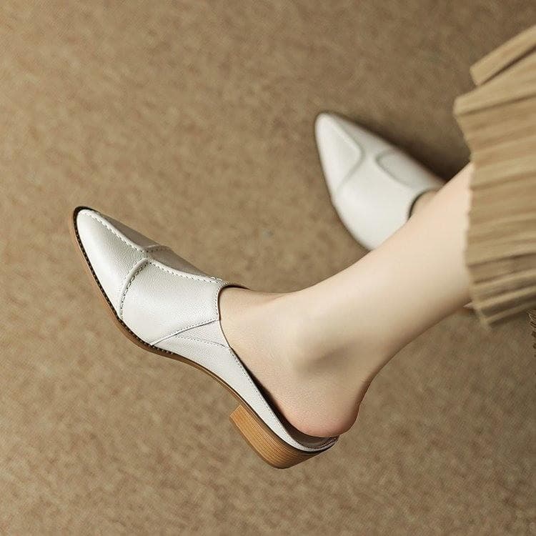 Summer Chunky Women Slippers Mid Heels Fad Mules Shoes Pointed Toe Slides Slingback Casual Sandals Women 40 beige