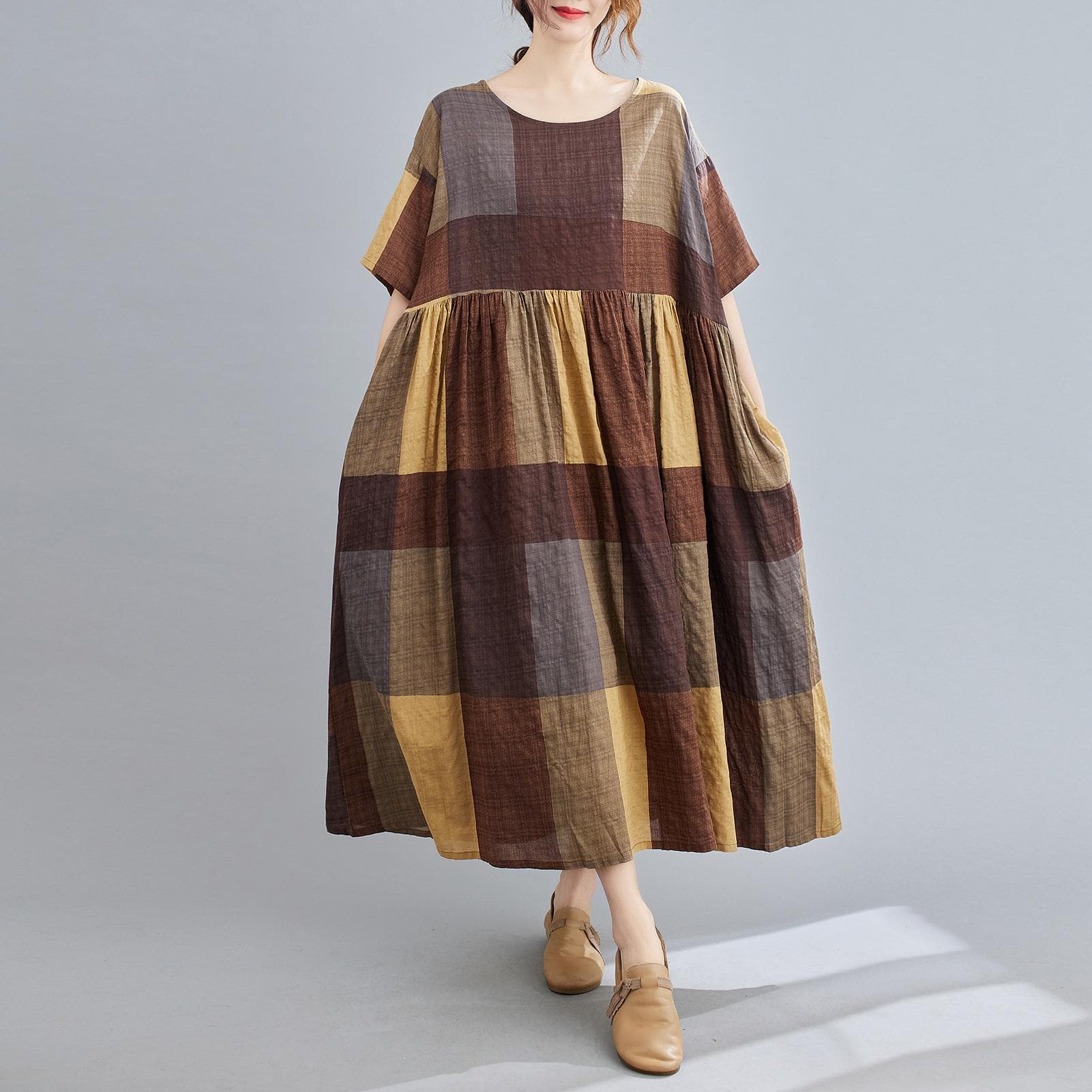 Women Cotton and Linen Dress Vintage Plaid Print O Neck Half Sleeves Side Pockets Robes Casual One Size coffee