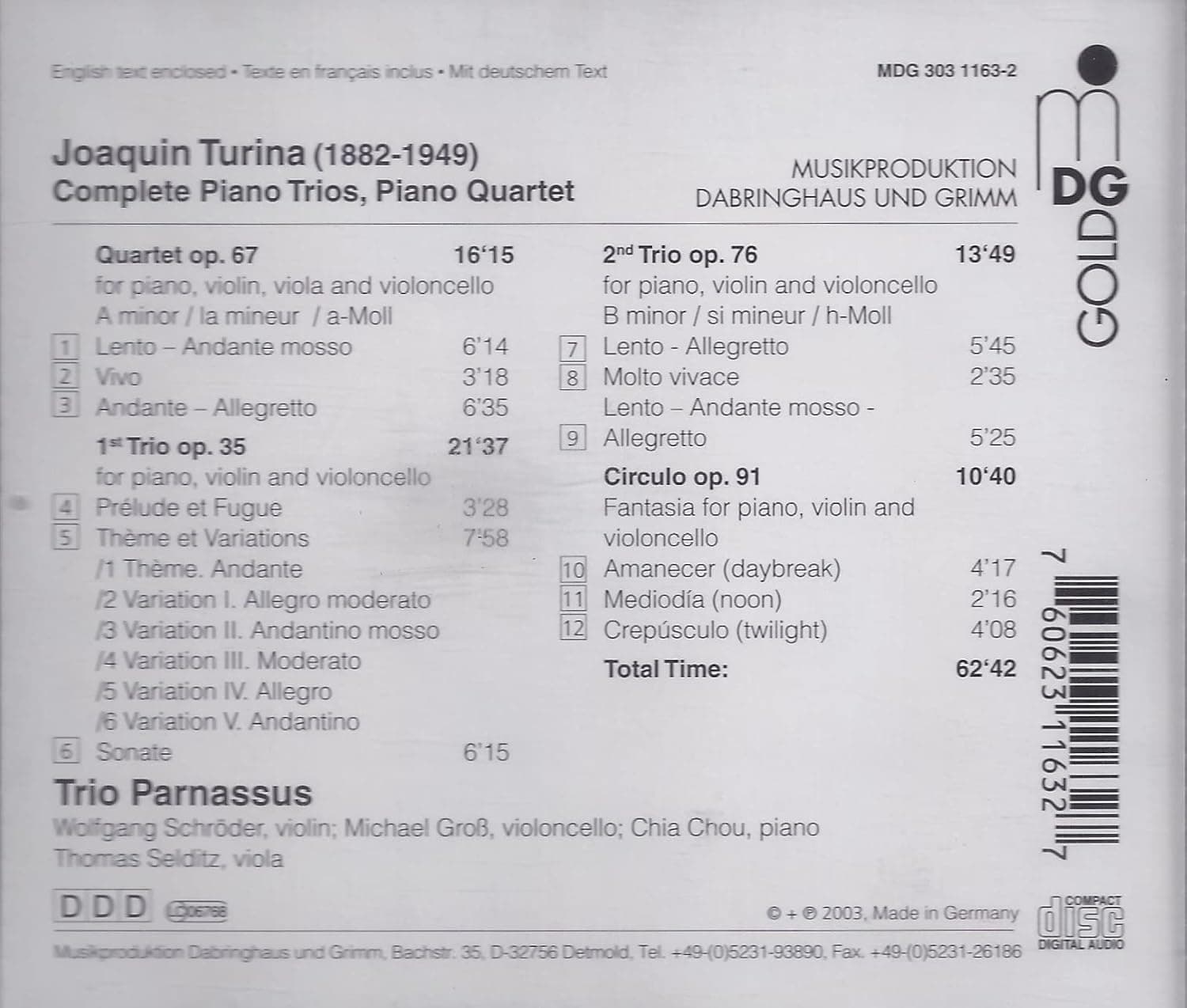 CD PARNASSUS TRIO, JOAQUÍN TURINA - Complete Piano Trios MDG30311632 Non Japan Classical Used
