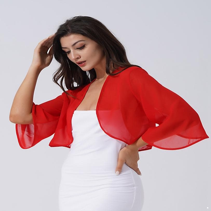 Womens 3/4 Sleeve Chiffon Cardigan Bolero Jacket Wedding Party Bridal Dress Cover Ups Wraps Shawls M red