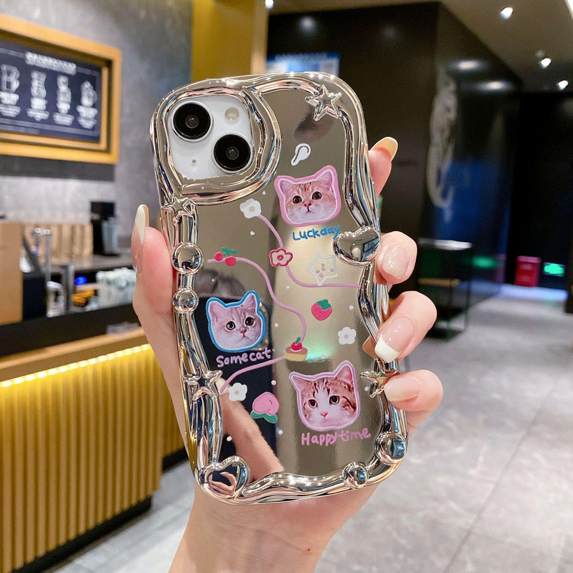 Three-dimensional Waves Suitable for IPhone14PRO Electroplated Mirror Cat Stand Anti-fall Soft Shell Apple 15 Mobile Phone Case Apple 16PROMAX