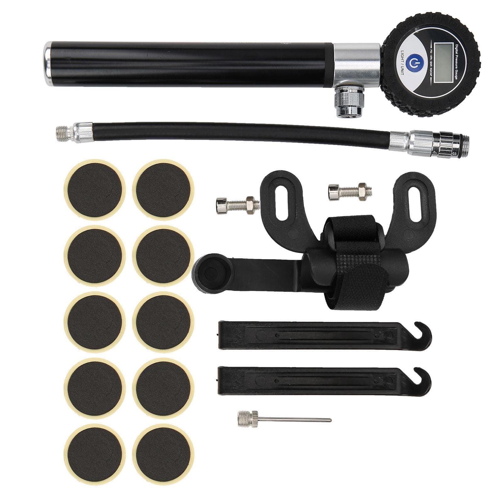 Bicycle Digital Display Air Pump with Needles Hose Kit Bike Tire Puncture Repair Tool Set