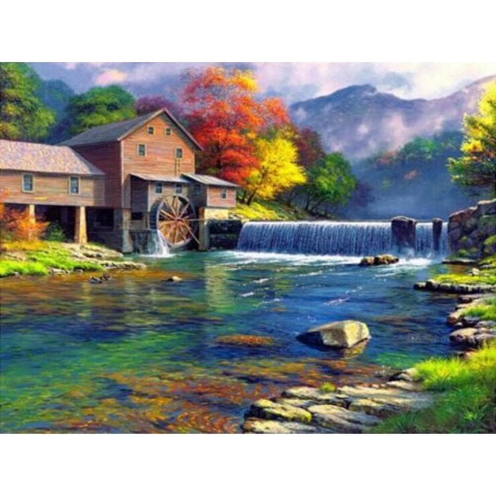 Cross Stitch Diamond Embroidery Mountain and River Flow Full Round Diamond Painting Home Decor 20X30CM