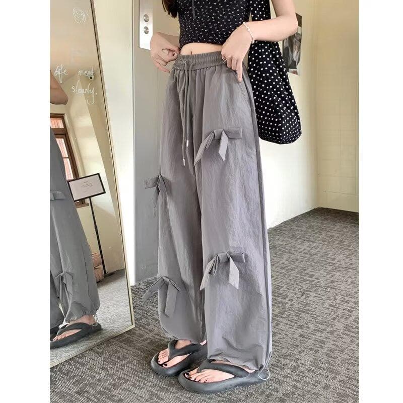 New Summer High-waisted Work Pants for Women Quick-drying Slimming Loose Drawstring Straight American Three-dimensional Bow Sports Pants 3XL grey