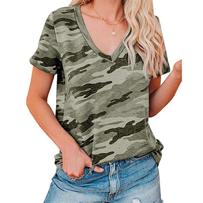 Summer Women's T-shirt Camouflage V-neck T Shirt Ladies Fashion Short Sleeve Tops Retro Streetwear Fashion Clothes Female Casual 5XL