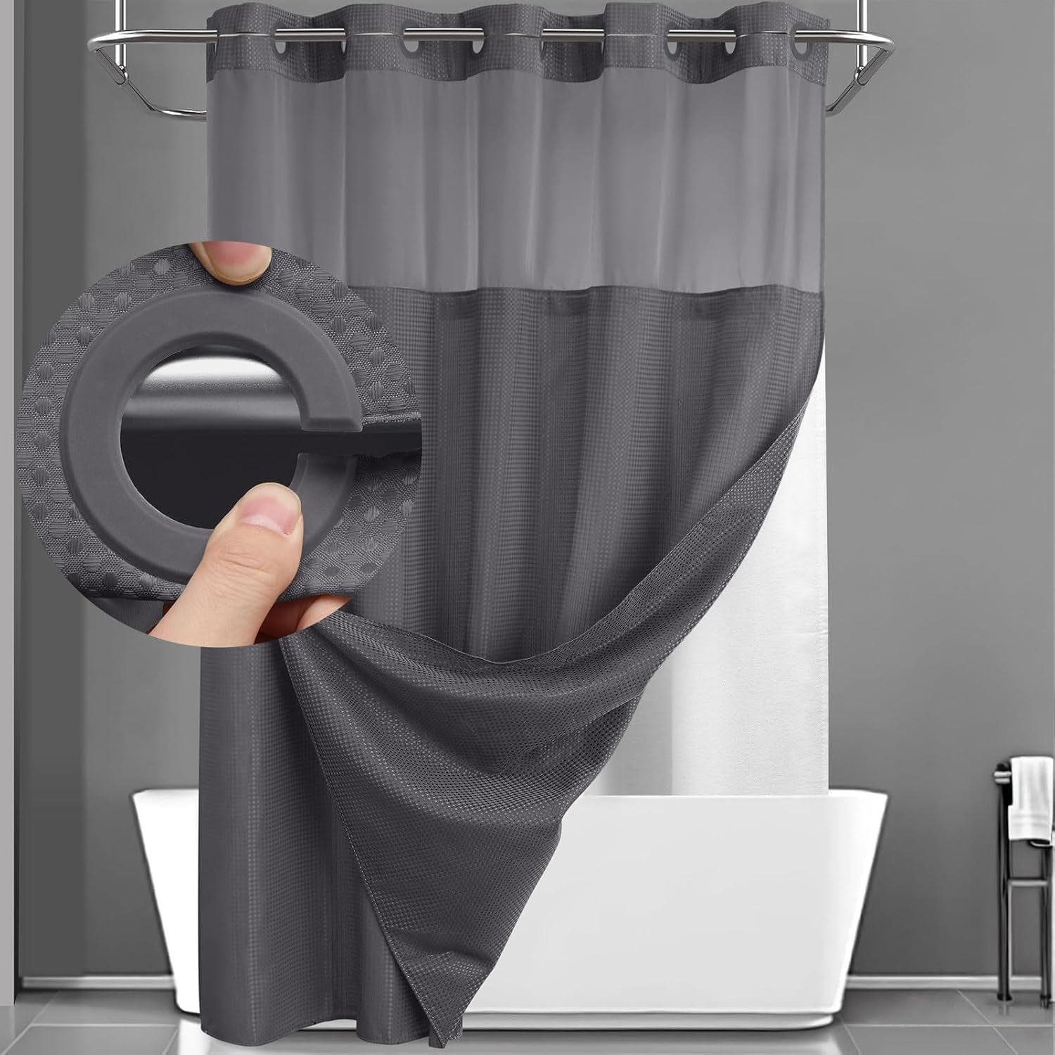 Hookless Shower Curtain Set Double (with Liner) Removable White Shower Curtain 183*190cm dark gray