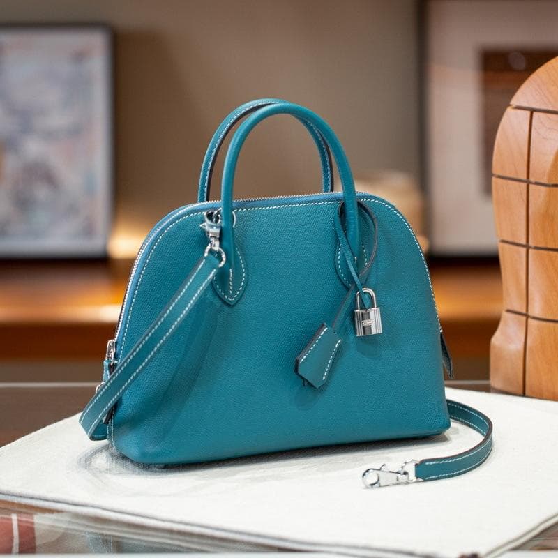 New genuine leather women's bag, top layer epsom palm print shell bag, hand bill and shoulder crossbody bag 25x9x18cm silver/blue