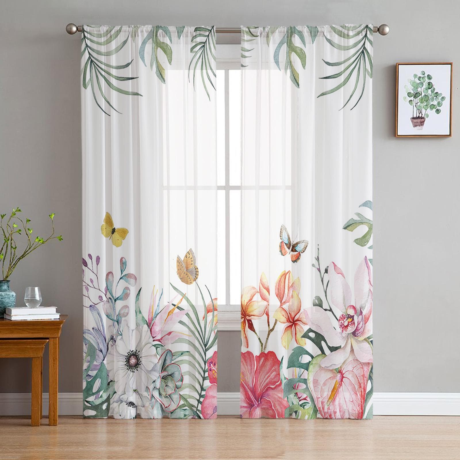 Ins Tropical Plant Palm Leaf Banana Leaf Flower Sheer Curtains Bedroom Living Room Voile Window Curtains Tulle Curtains Kid Room 135W x 114H(cm)